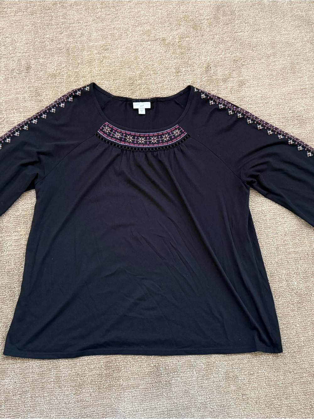 J. Jill Black Long Sleeve Scoop Neck Top with Pink Embroidery Size Large